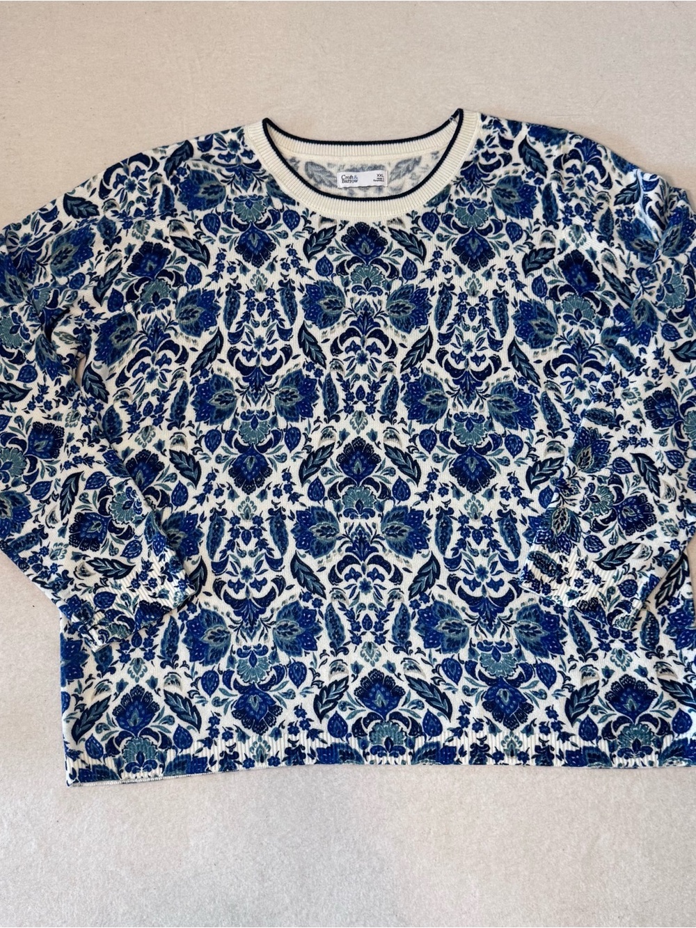 Blue & Ivory Floral Crewneck Sweater, Porcelain Inspired,Granny Chic